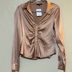 Love Tree - Ruched Ruffle Satin Dress Shirt | Size Medium